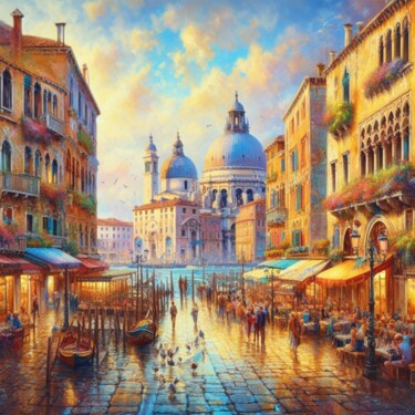 Digital Arts titled "UNA CALLE DE VENECIA" by Juvillgo, Original Artwork, Digital Painting Mounted on Wood Stretcher frame