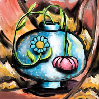 Digital Arts titled "Vaso Azul com Flores" by J.W. Sidonio, Original Artwork, Digital Painting