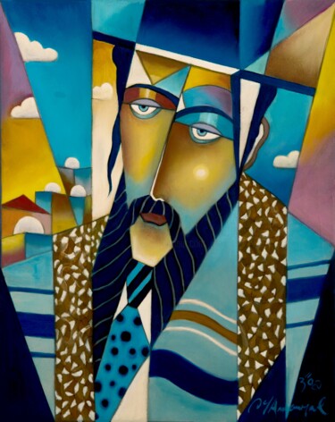Painting titled "The blue Rabbi" by Jean Yves Amouyal, Original Artwork, Oil Mounted on Wood Stretcher frame