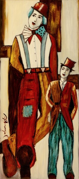 Painting titled "Les saltimbanques" by Jean Yves Amouyal, Original Artwork, Oil Mounted on Wood Stretcher frame