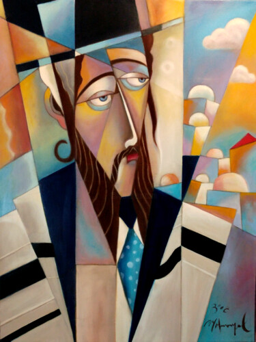 Peinture intitulée "Le rabbin au châle…" par Jean Yves Amouyal, Œuvre d'art originale, Huile Monté sur Châssis en bois