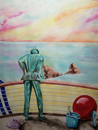 Peinture intitulée "La plage de M. Hulot" par Jyb Le Peintre, Œuvre d'art originale, Aquarelle