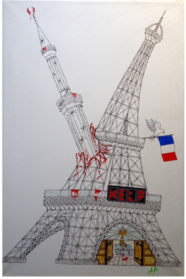 Drawing titled "Help pour notre Fra…" by Jean-François Albert, Original Artwork, Ink Mounted on Wood Stretcher frame