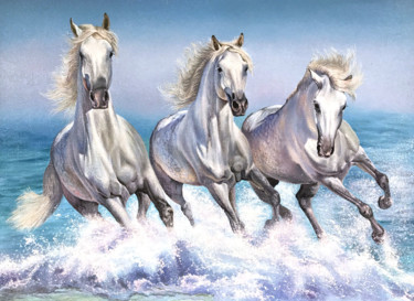 Painting titled "chevaux au galop su…" by Katerina Lefevre, Original Artwork, Oil