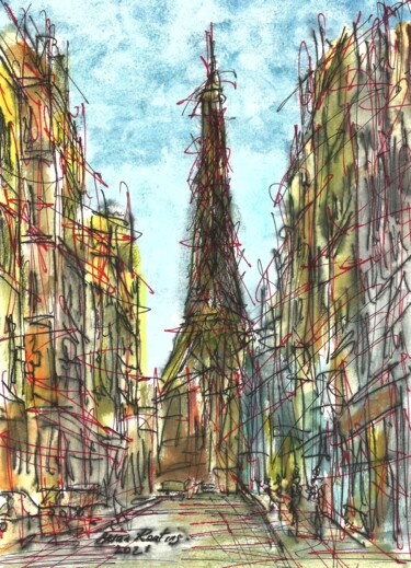 Malerei mit dem Titel "Eiffel Tower" von K-Art, Original-Kunstwerk, Aquarell