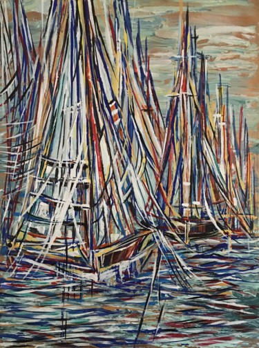 Malerei mit dem Titel "Golden Boats" von Khrystyna Kozyuk, Original-Kunstwerk, Acryl