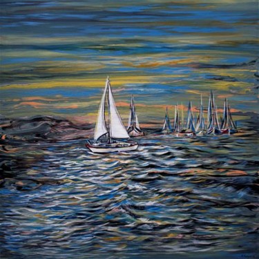 Malerei mit dem Titel "Yacht on Lake" von Khrystyna Kozyuk, Original-Kunstwerk, Acryl