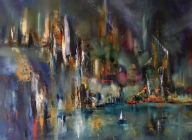 Painting titled "Cityscape of Future" by Khrystyna Kozyuk, Original Artwork, Oil