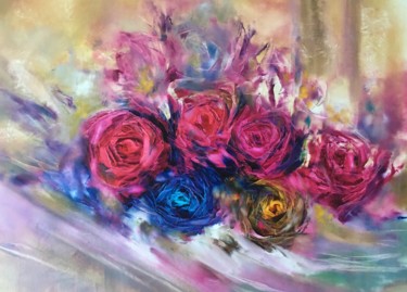 Malarstwo zatytułowany „Rainbow roses” autorstwa Khrystyna Kozyuk, Oryginalna praca, Olej