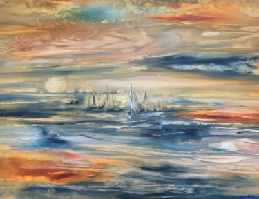 Painting titled "Ocean Sunset" by Khrystyna Kozyuk, Original Artwork, Oil Mounted on Wood Panel