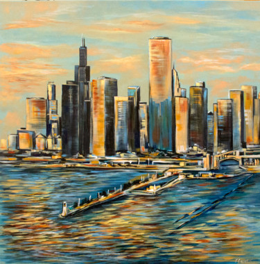 Painting titled "Chicago Cityscape" by Khrystyna Kozyuk, Original Artwork, Acrylic