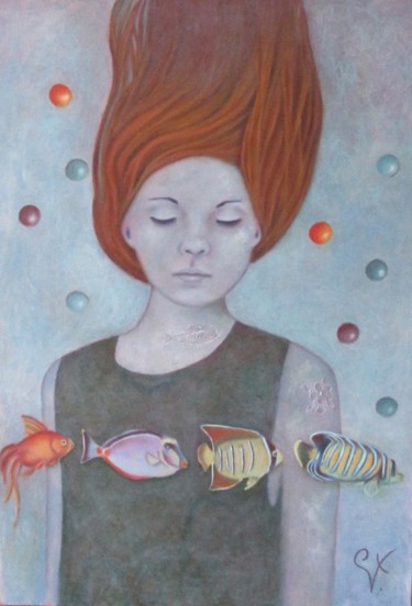 Peinture intitulée "Seuls les poissons…" par K-Let, Œuvre d'art originale, Huile