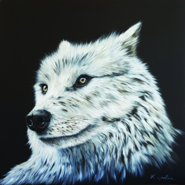 Painting titled "Loup - "Il y a comm…" by K-Roline, Original Artwork, Acrylic Mounted on Wood Stretcher frame