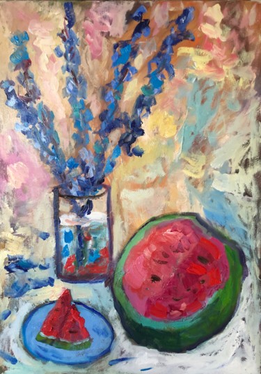 Картина под названием "Пестрый арбуз" - Ксения Шер/Kseniya Scher, Подлинное произведение искусства, Масло Установлен на Дере…