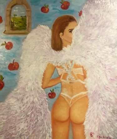 Painting titled "Ангел, яблочки и рай" by Kseniia Sher Kseniya Scher, Original Artwork, Oil