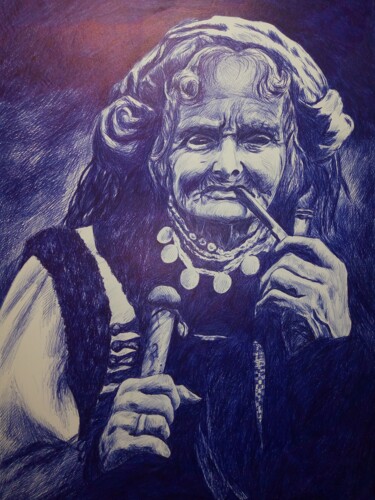Картина под названием "СТАРА ГУЦУЛКА" - Тамара Качаленко, Подлинное произведение искусства, Шариковая ручка