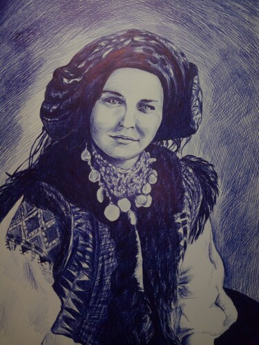 Drawing titled "Мадонна Карпат" by Tamara Kachalenko, Original Artwork, Ballpoint pen