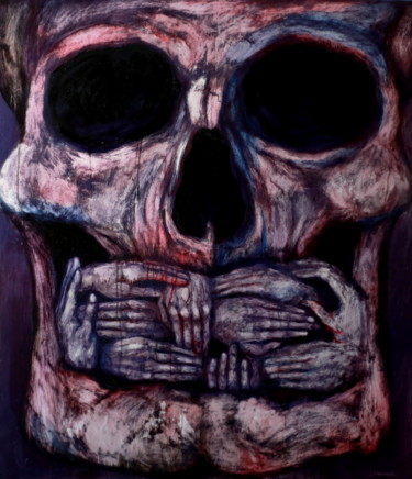 Painting titled "Skull" by Kacper Piskorowski, Original Artwork, Oil Mounted on Wood Panel