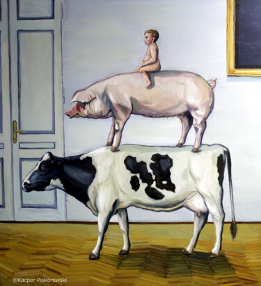Malarstwo zatytułowany „500+” autorstwa Kacper Piskorowski, Oryginalna praca, Olej Zamontowany na Drewniana rama noszy