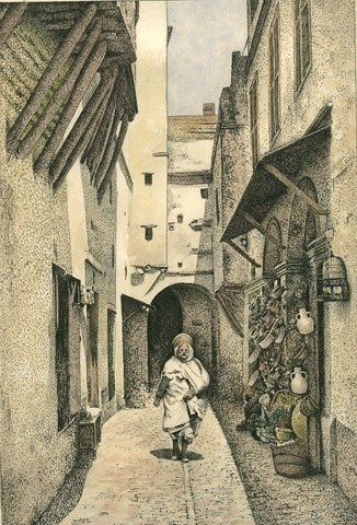 Dessin intitulée "ruelle de casbah" par Chafik Kadi, Œuvre d'art originale