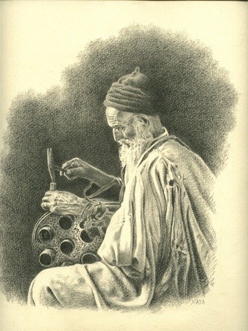 Dessin intitulée "le vieux dinandier" par Chafik Kadi, Œuvre d'art originale