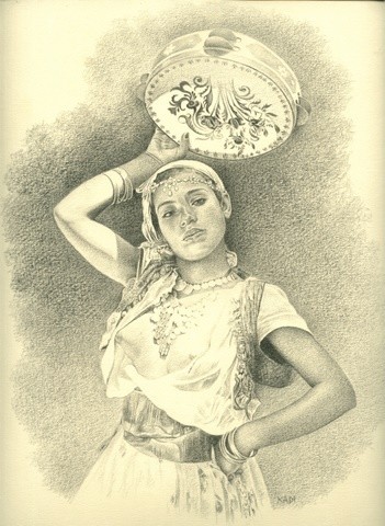 Dessin intitulée "jeune femme au tamb…" par Chafik Kadi, Œuvre d'art originale