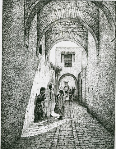 Dessin intitulée "ruelle à tunis" par Chafik Kadi, Œuvre d'art originale