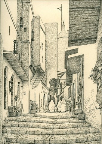 Dessin intitulée "ruelle de casbah" par Chafik Kadi, Œuvre d'art originale