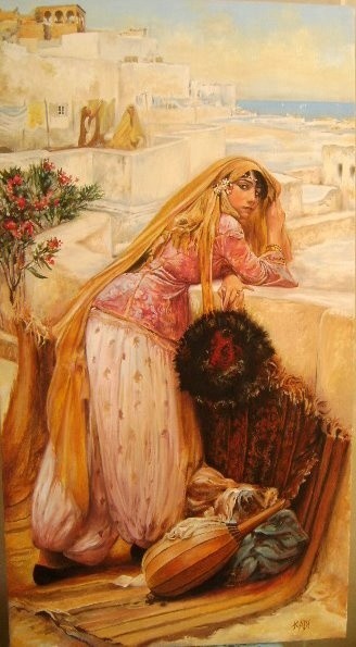 Peinture intitulée "jeune femme à la te…" par Chafik Kadi, Œuvre d'art originale
