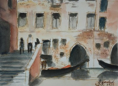 Painting titled "Façade et gondole -…" by Djilali Kadid, Original Artwork, Watercolor