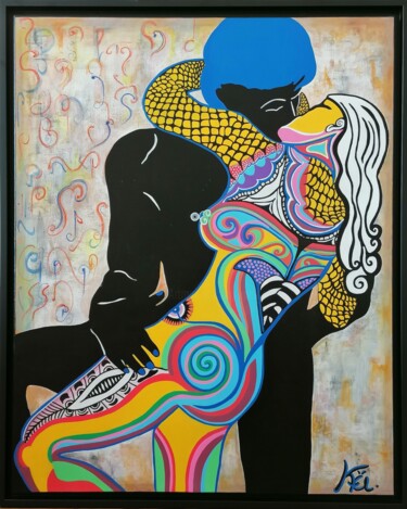 Painting titled "Le Baiser" by Kaël, Original Artwork, Acrylic Mounted on Wood Stretcher frame