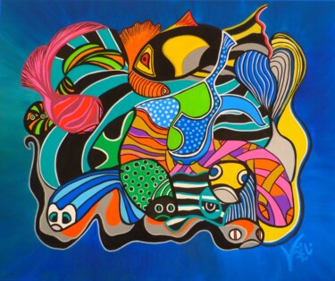 Картина под названием "Fantastic fishes" - Kaël, Подлинное произведение искусства, Акрил Установлен на Деревянная рама для н…