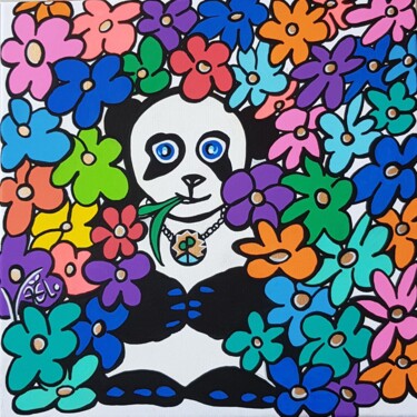 Painting titled "Panda Flower Power…" by Kaël, Original Artwork, Acrylic Mounted on Wood Stretcher frame