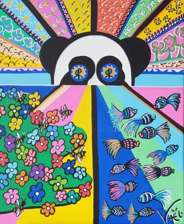 Painting titled "Panda Flower Power…" by Kaël, Original Artwork, Acrylic Mounted on Wood Stretcher frame