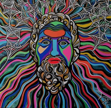 Painting titled "Digital Zeus" by Kaël, Original Artwork, Acrylic Mounted on Wood Stretcher frame