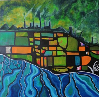 Painting titled "Mutagenic Town" by Kaël, Original Artwork, Acrylic Mounted on Wood Stretcher frame