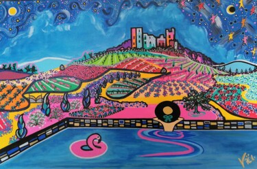 Painting titled "Vue sur le château…" by Kaël, Original Artwork, Acrylic Mounted on Wood Stretcher frame