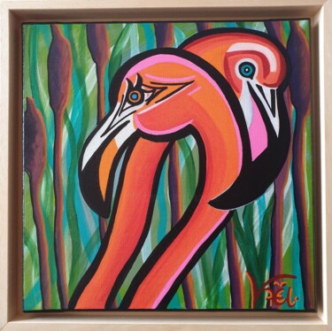 Painting titled "Fidèles Flamants Ro…" by Kaël, Original Artwork, Acrylic Mounted on Wood Stretcher frame