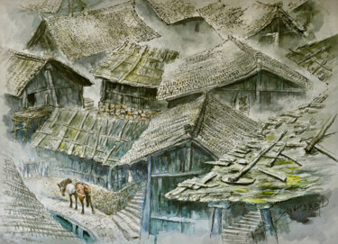 Painting titled "古镇系列-西江苗寨" by Kai Deng, Original Artwork, Watercolor