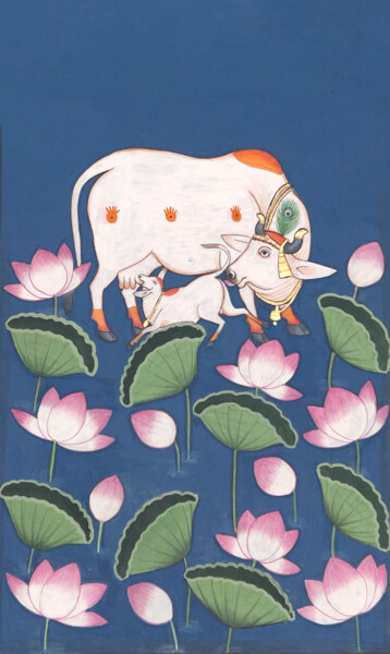Malerei mit dem Titel "Lotus With Cow" von Kailesh Jee, Original-Kunstwerk, Aquarell