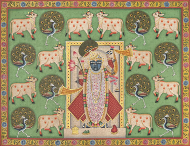 Pittura intitolato "Krishna With Cows 1" da Kailesh Jee, Opera d'arte originale, Acquarello
