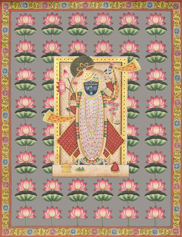Malerei mit dem Titel "Krishna With Lotus" von Kailesh Jee, Original-Kunstwerk, Aquarell