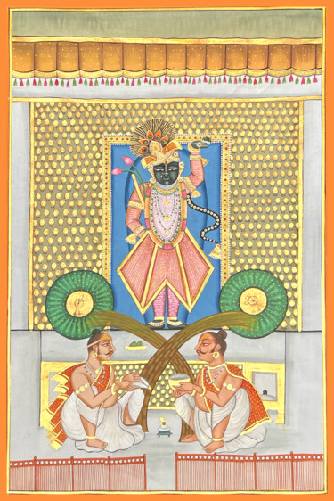 Malarstwo zatytułowany „Krishna With Priest…” autorstwa Kailesh Jee, Oryginalna praca, Akwarela