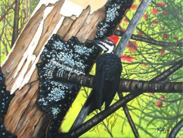 Painting titled "Woodpecker" by Kaji, Original Artwork, Oil