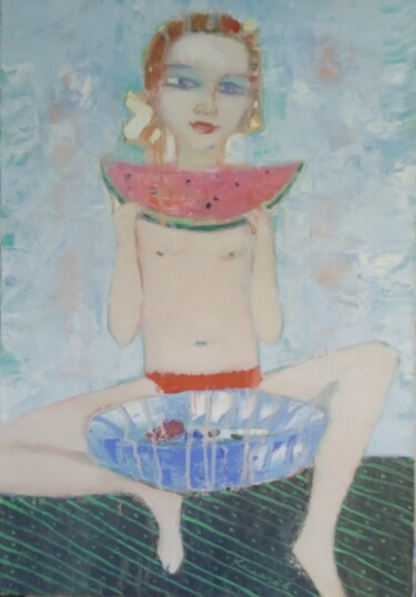 Painting titled "Девочка с арбузом" by Sergei Kalachev, Original Artwork, Oil