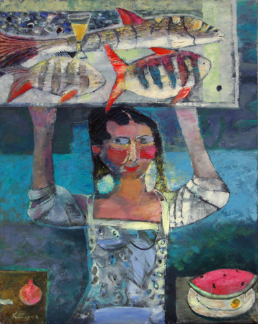 Pittura intitolato "Carrier fishes" da Sergei Kalachev, Opera d'arte originale