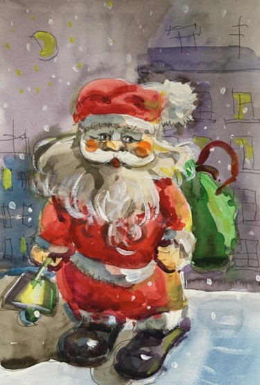 Картина под названием "Новогодний Санта Кл…" - Дарья Калашникова, Подлинное произведение искусства, Акварель