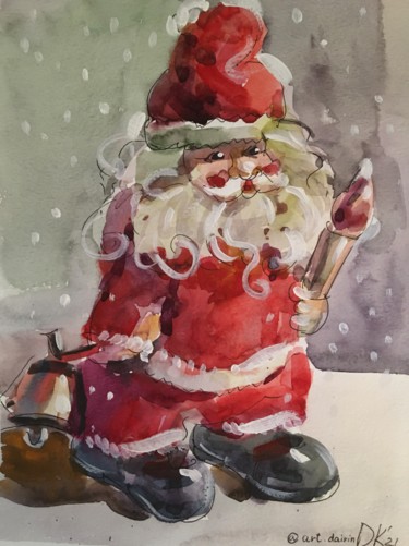 Картина под названием "Новогодний санта Кл…" - Дарья Калашникова, Подлинное произведение искусства, Акварель