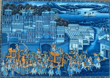 Schilderij getiteld "City palace" door Kalika Handicrafts Kalika Handicrafts, Origineel Kunstwerk, Aquarel