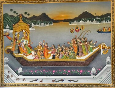 Pintura intitulada "Radha krishna nav" por Kalika Handicrafts Kalika Handicrafts, Obras de arte originais, Aquarela